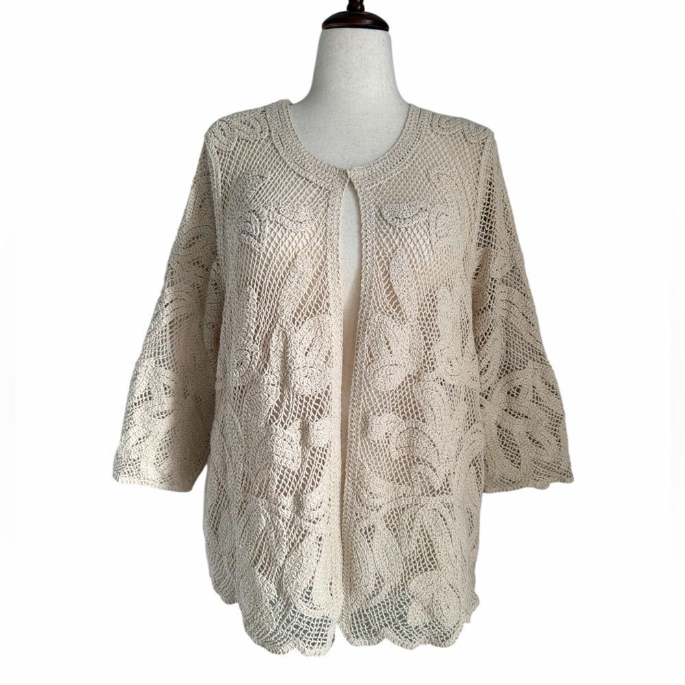 Chico’s Crochet Lace Cardigan Cream Boho Open Front Size 2 (L) Cottagecore